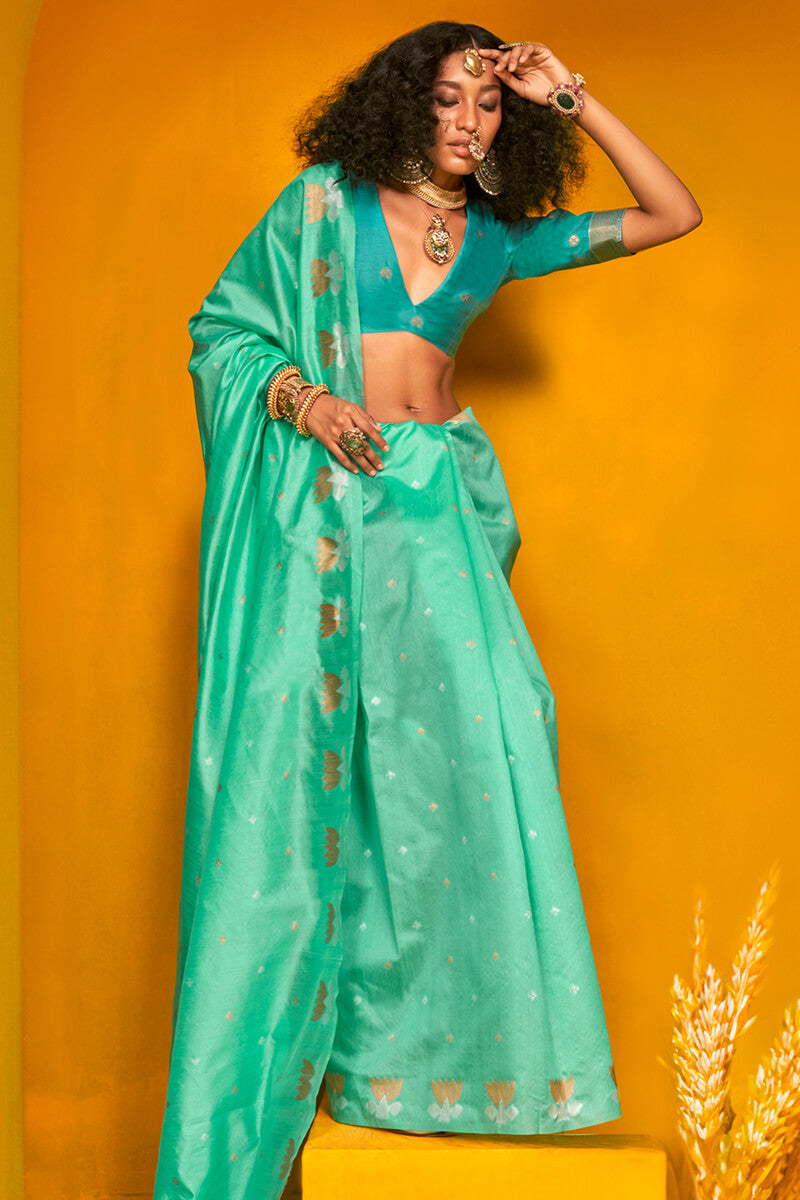 Assemblage Turquoise  Soft Banarasi Silk Saree With Epiphany Blouse Piece - Surats Fabric