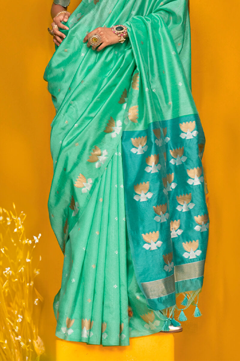 Assemblage Turquoise  Soft Banarasi Silk Saree With Epiphany Blouse Piece - Surats Fabric