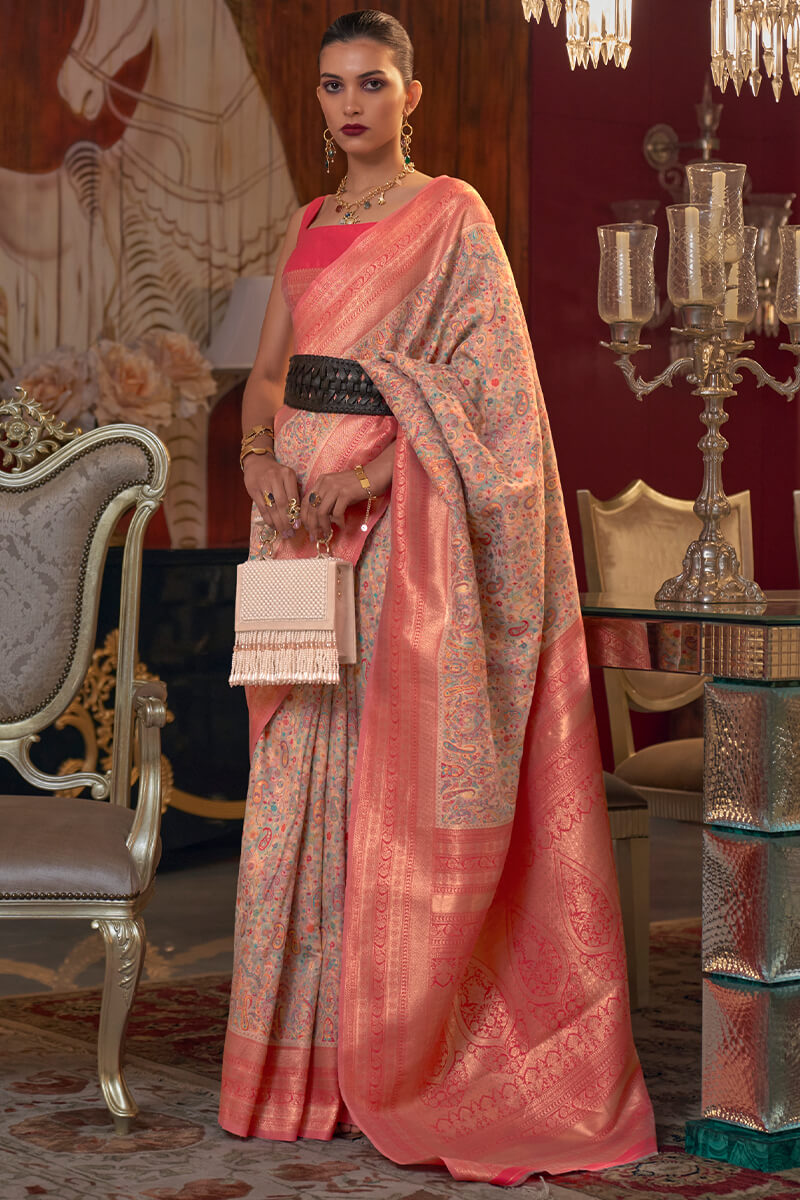 Attractive Beige Pashmina saree With Outstanding Blouse Piece - Surats Fabric