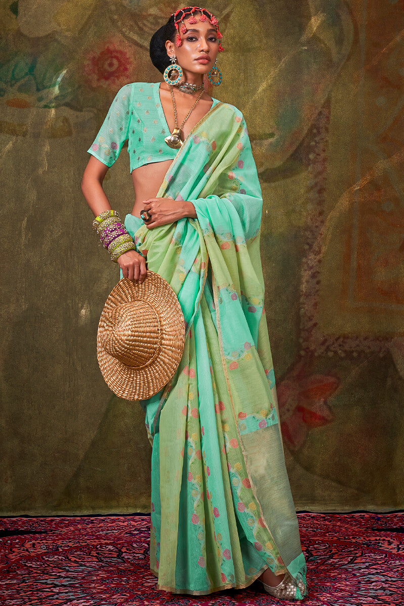 Bewitching Turquoise Cotton Silk Saree With Desirable Blouse Piece - Surats Fabric