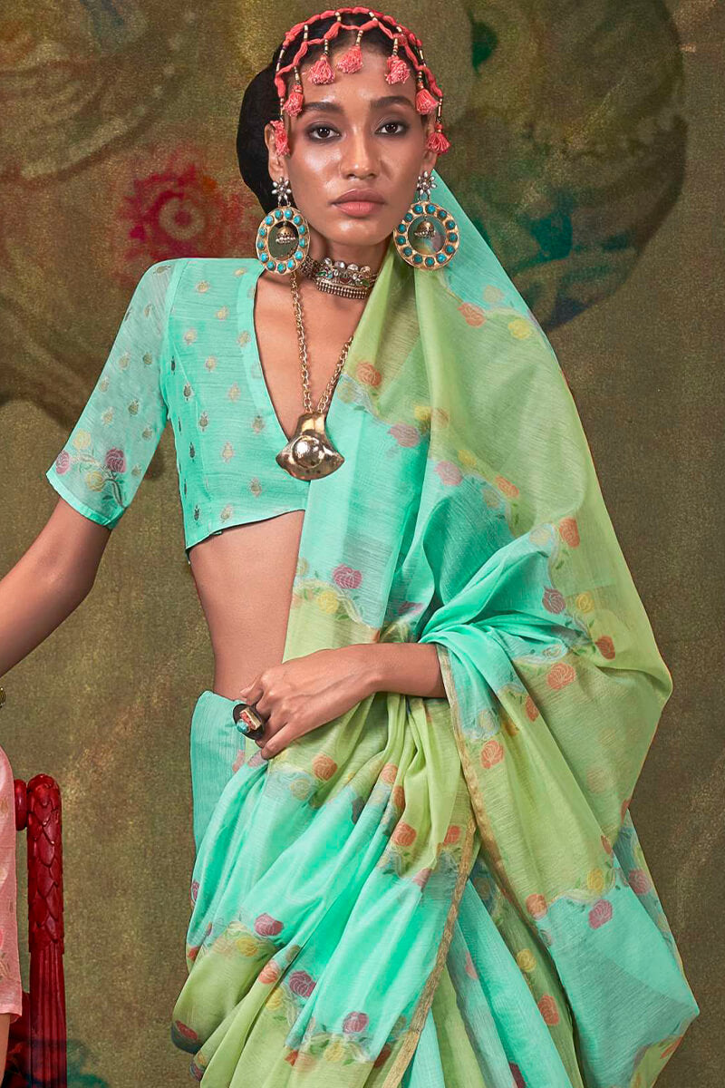 Bewitching Turquoise Cotton Silk Saree With Desirable Blouse Piece - Surats Fabric