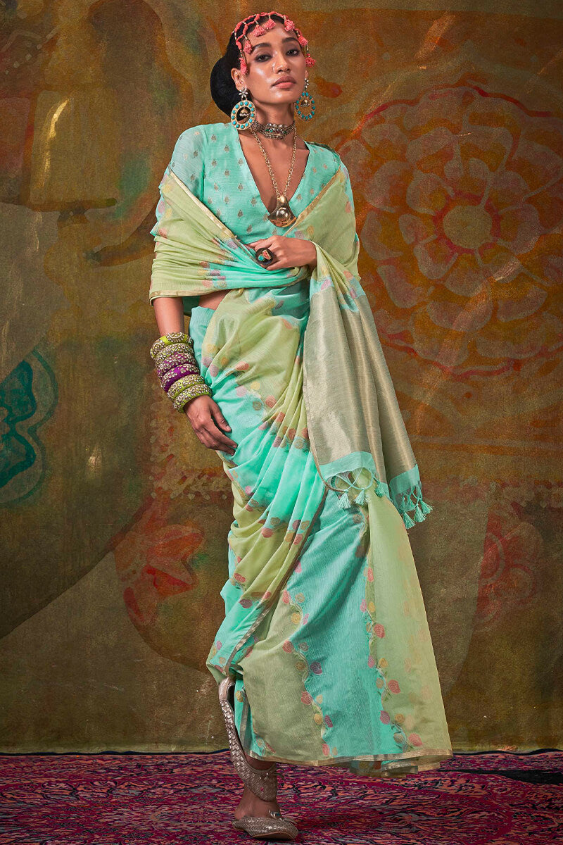 Bewitching Turquoise Cotton Silk Saree With Desirable Blouse Piece - Surats Fabric