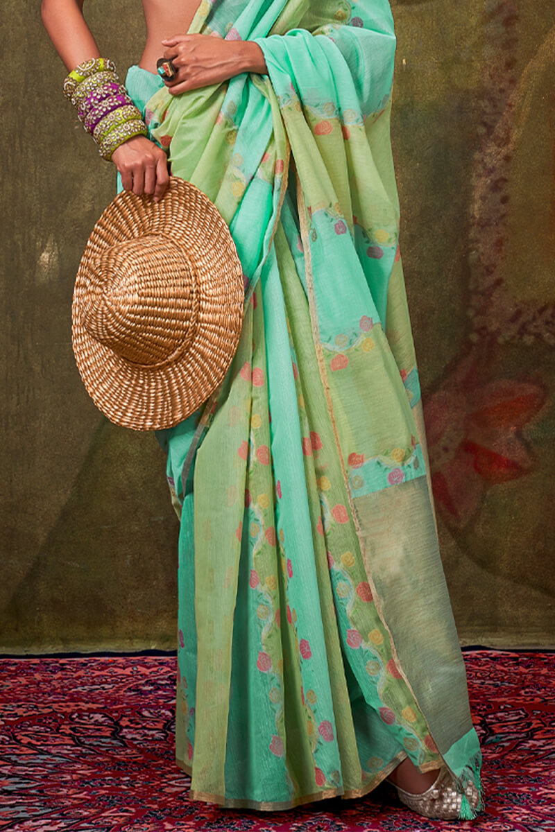 Bewitching Turquoise Cotton Silk Saree With Desirable Blouse Piece - Surats Fabric