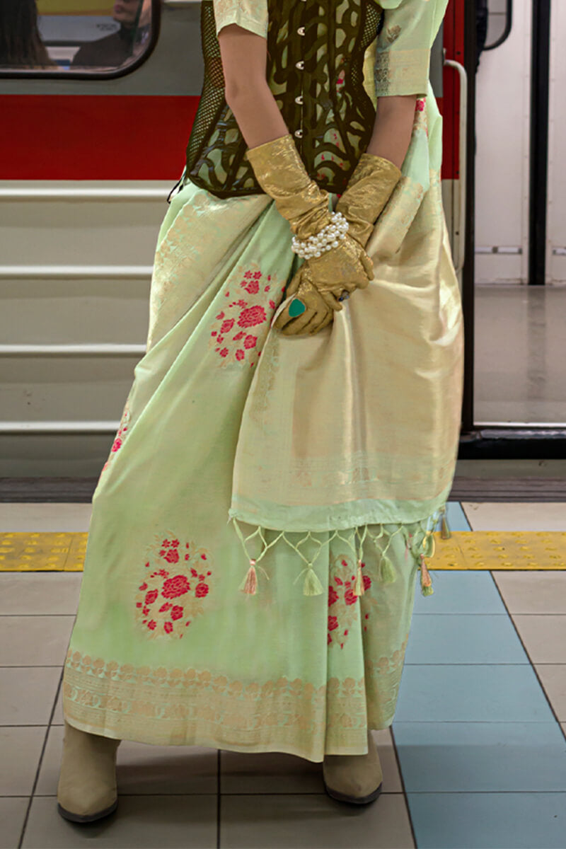 Aplomb Pista Soft Banarasi Silk Saree With Ravishing Blouse Piece - Surats Fabric