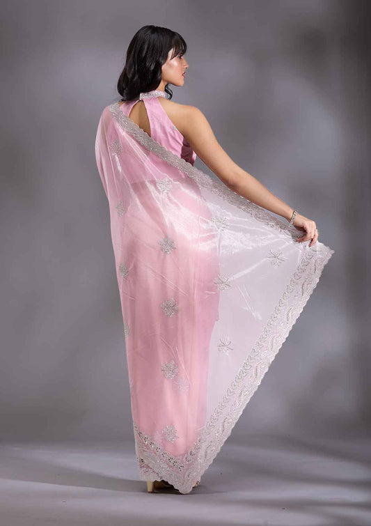 Baby Pink Cutwork Organza Saree
