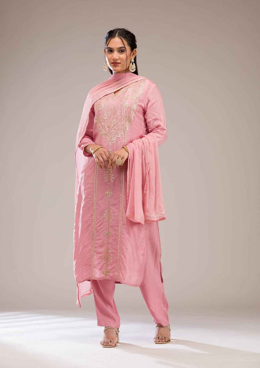 Baby Pink Gotapatti Semi Crepe Readymade Salwar Suit