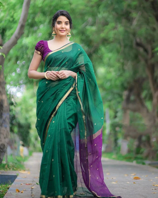 Attractive Green Cotton Silk Saree With Flaunt Blouse Piece - Surats Fabric