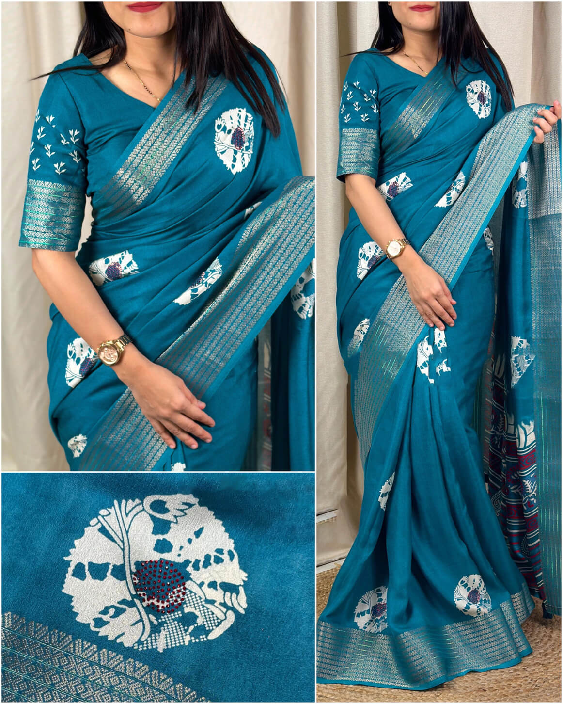 Blooming Firozi Digital Printed Dola Silk Saree With Radiant Blouse Piece - Surats Fabric