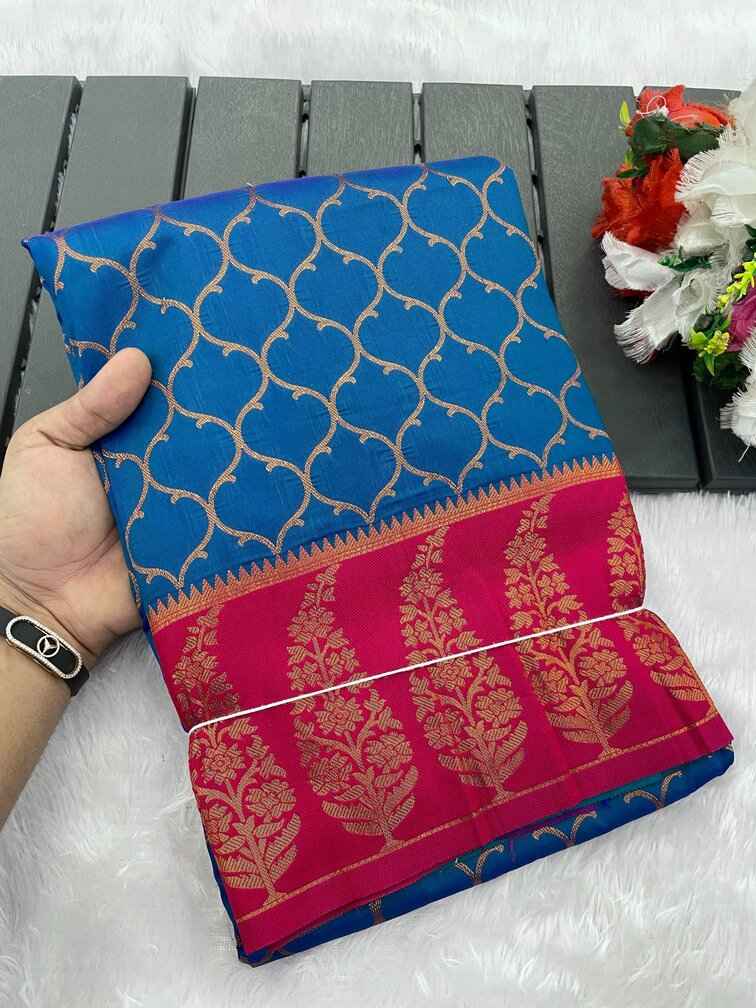 Adoring Navy Blue Soft Banarasi Silk Saree With Brood Blouse Piece