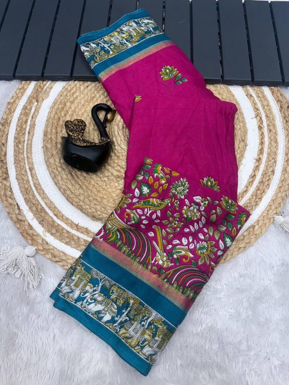 Beautiful Dark Pink Digital Printed Dola Silk Saree With Appealing Blouse Piece - Surats Fabric