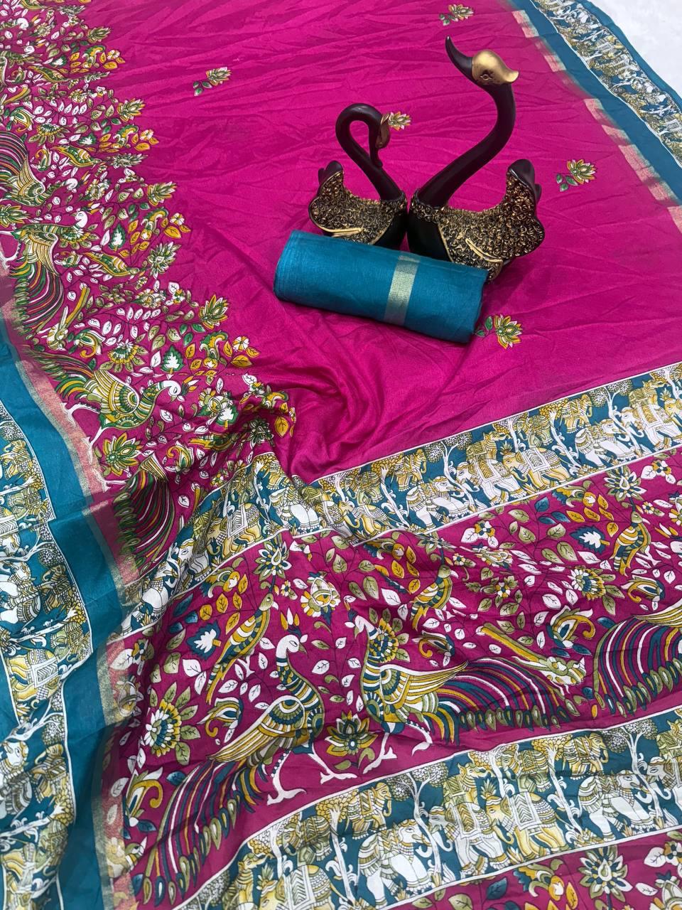 Beautiful Dark Pink Digital Printed Dola Silk Saree With Appealing Blouse Piece - Surats Fabric