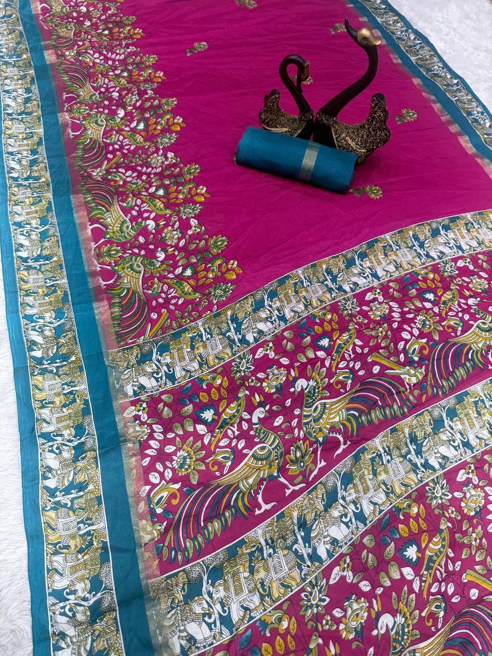 Beautiful Dark Pink Digital Printed Dola Silk Saree With Appealing Blouse Piece - Surats Fabric