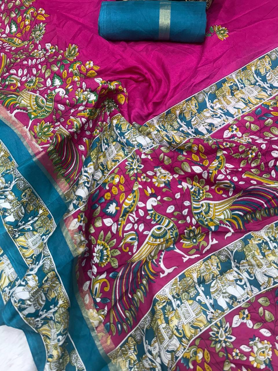 Beautiful Dark Pink Digital Printed Dola Silk Saree With Appealing Blouse Piece - Surats Fabric