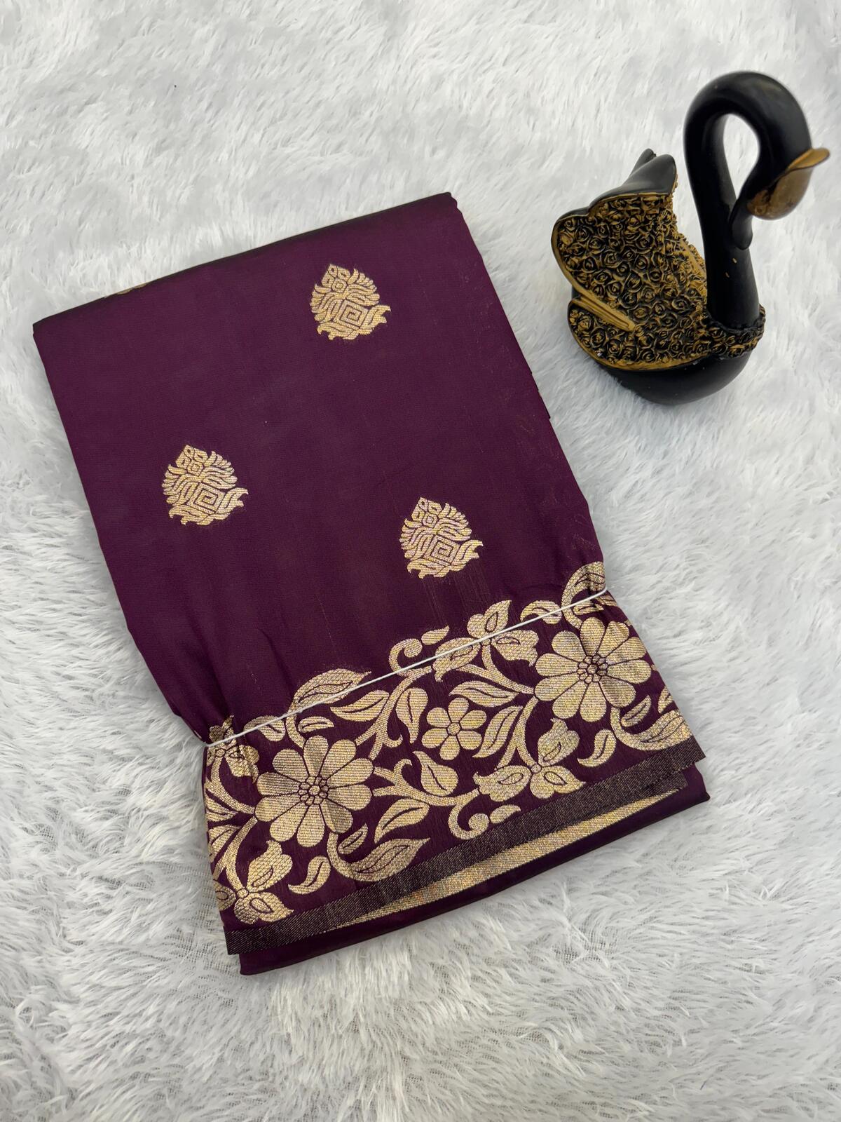 Bucolic Wine Soft Banarasi Silk Saree With Delectable Blouse Piece - Surats Fabric