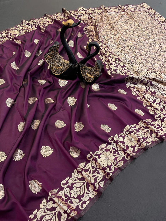 Bucolic Wine Soft Banarasi Silk Saree With Delectable Blouse Piece - Surats Fabric