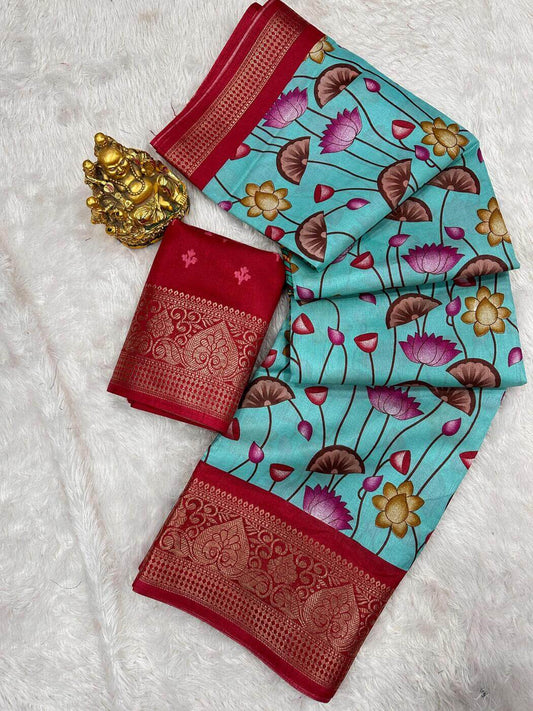 Blissful Firozi Digital Printed Dola Silk Saree With Desiring Blouse Piece - Surats Fabric