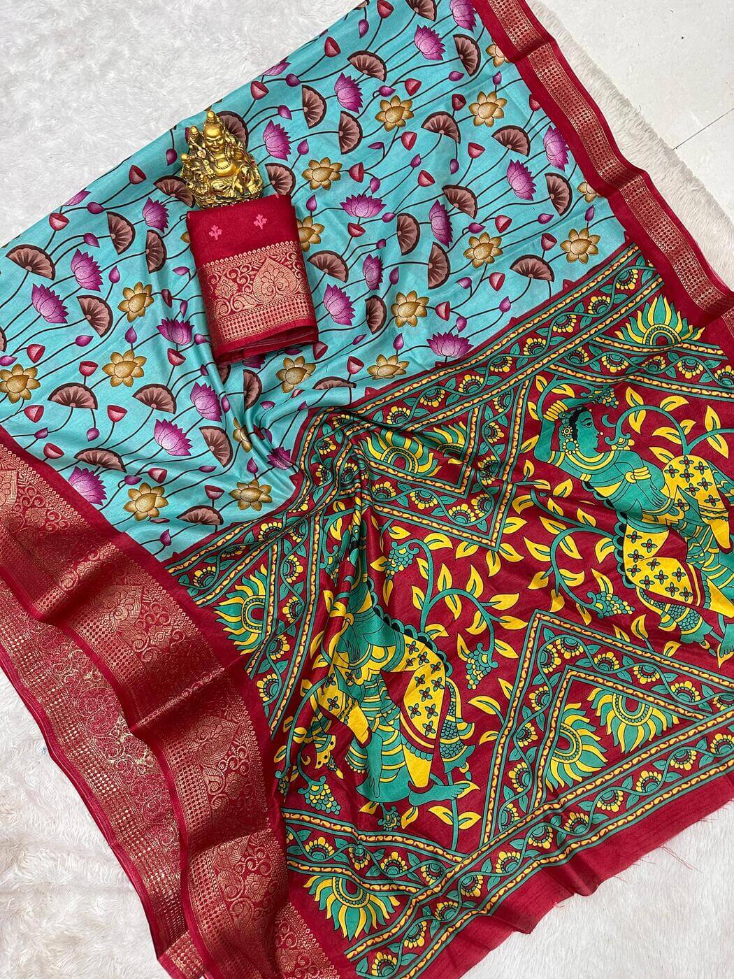 Blissful Firozi Digital Printed Dola Silk Saree With Desiring Blouse Piece - Surats Fabric