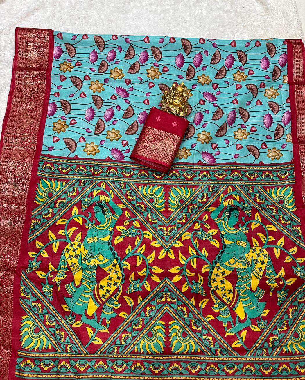Blissful Firozi Digital Printed Dola Silk Saree With Desiring Blouse Piece - Surats Fabric