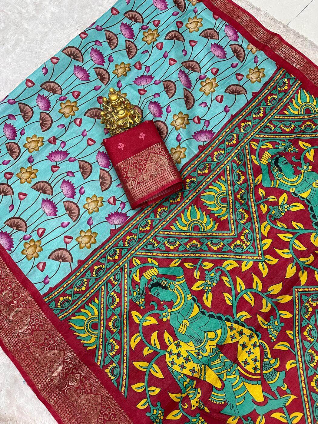 Blissful Firozi Digital Printed Dola Silk Saree With Desiring Blouse Piece - Surats Fabric