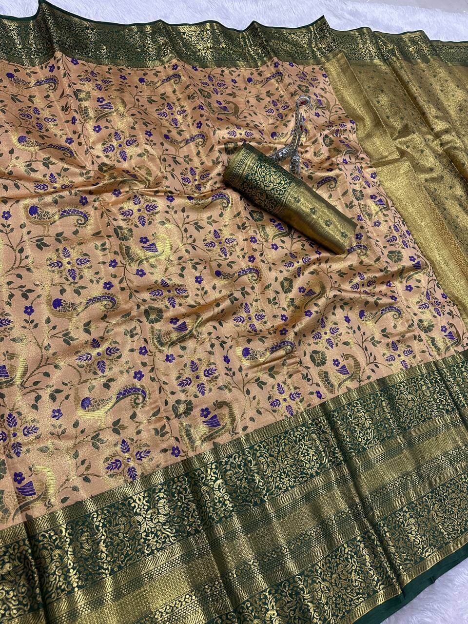 Beguiling Beige Kanjivaram Silk Saree With Profuse Blouse Piece - Surats Fabric