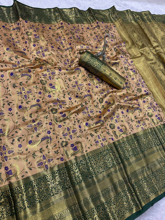 Beguiling Beige Kanjivaram Silk Saree With Profuse Blouse Piece - Surats Fabric
