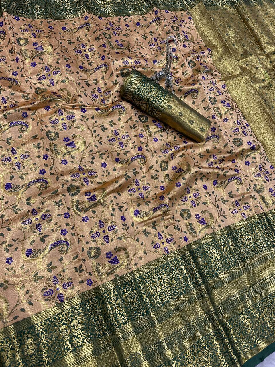 Beguiling Beige Kanjivaram Silk Saree With Profuse Blouse Piece - Surats Fabric