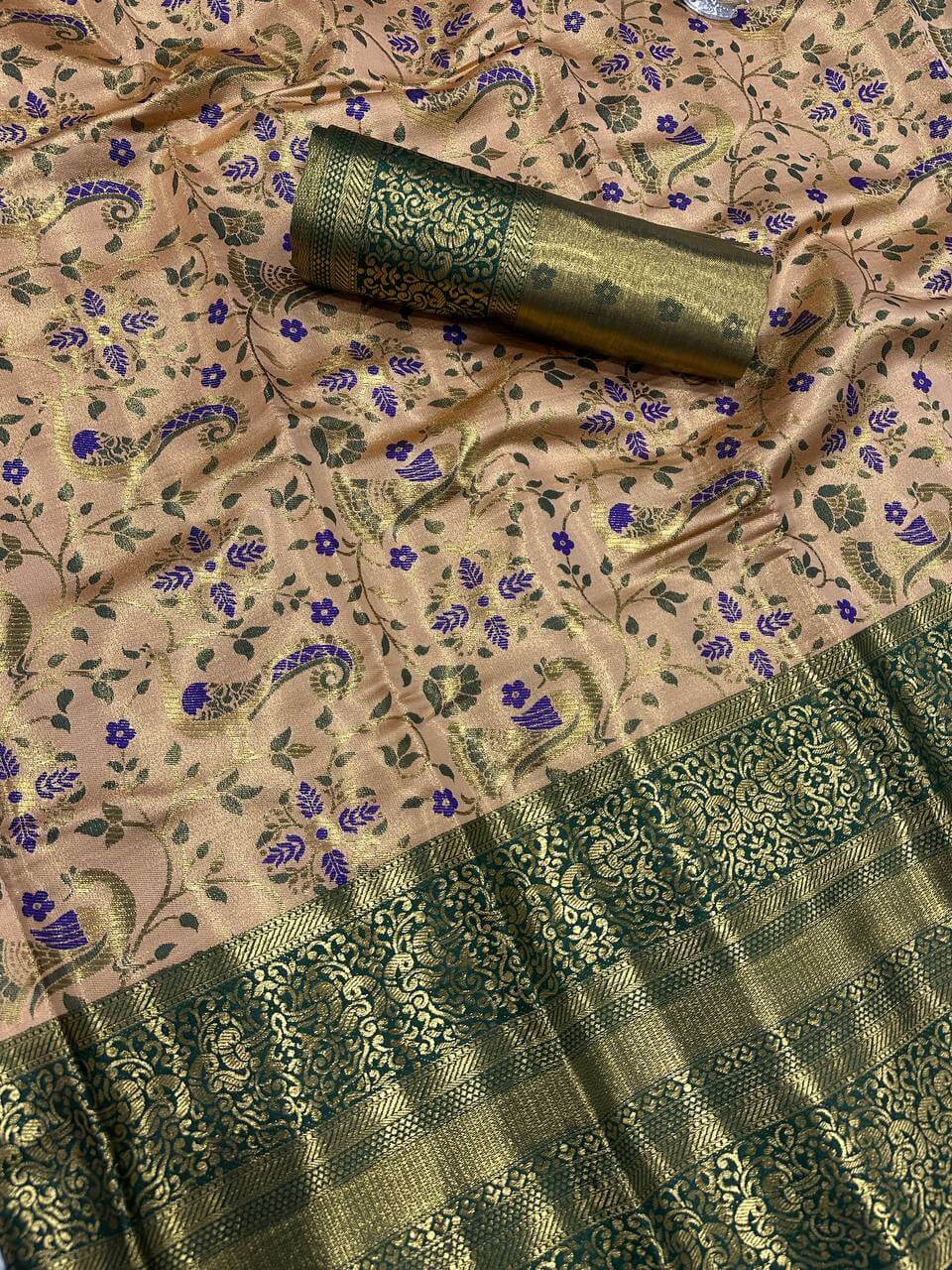 Beguiling Beige Kanjivaram Silk Saree With Profuse Blouse Piece - Surats Fabric