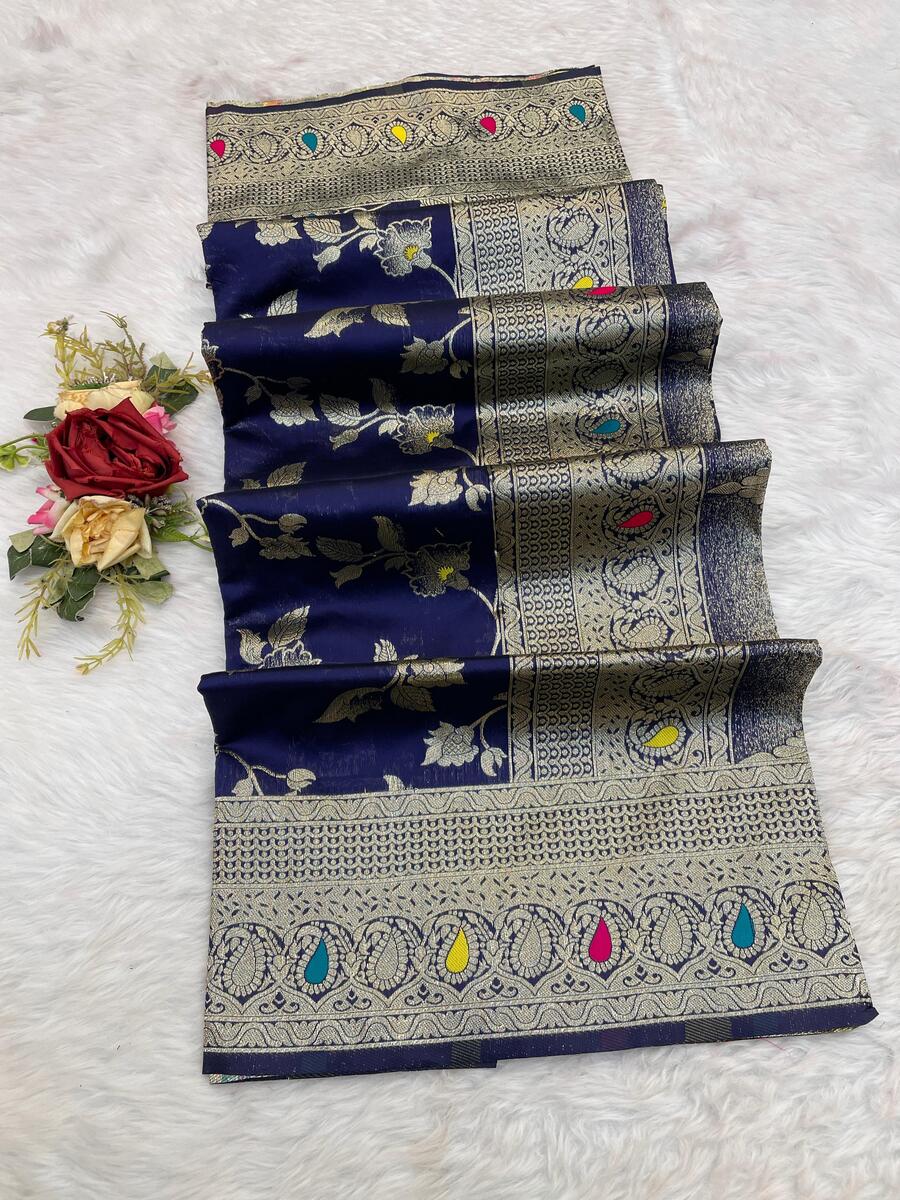 Assemblage Navy Blue Soft Banarasi Silk Saree With Classy Blouse Piece - Surats Fabric
