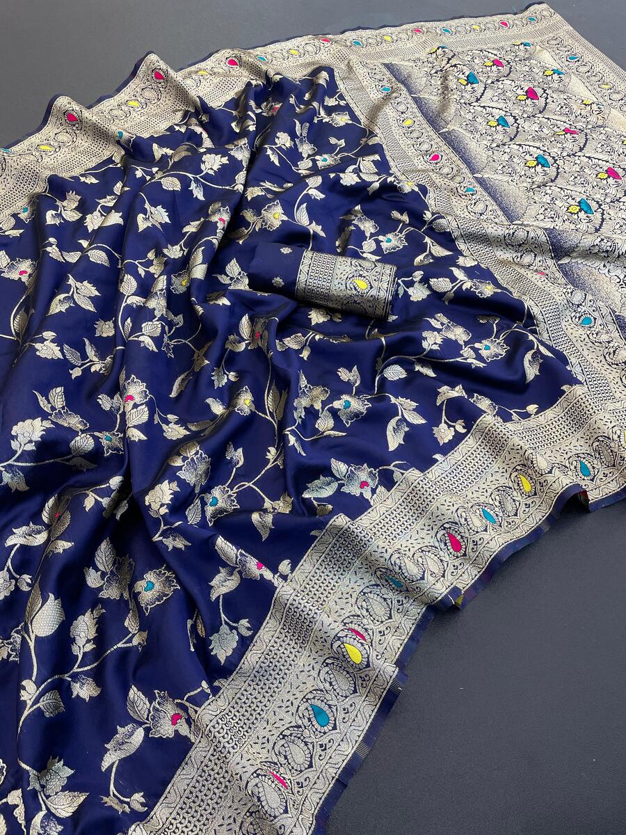Assemblage Navy Blue Soft Banarasi Silk Saree With Classy Blouse Piece - Surats Fabric