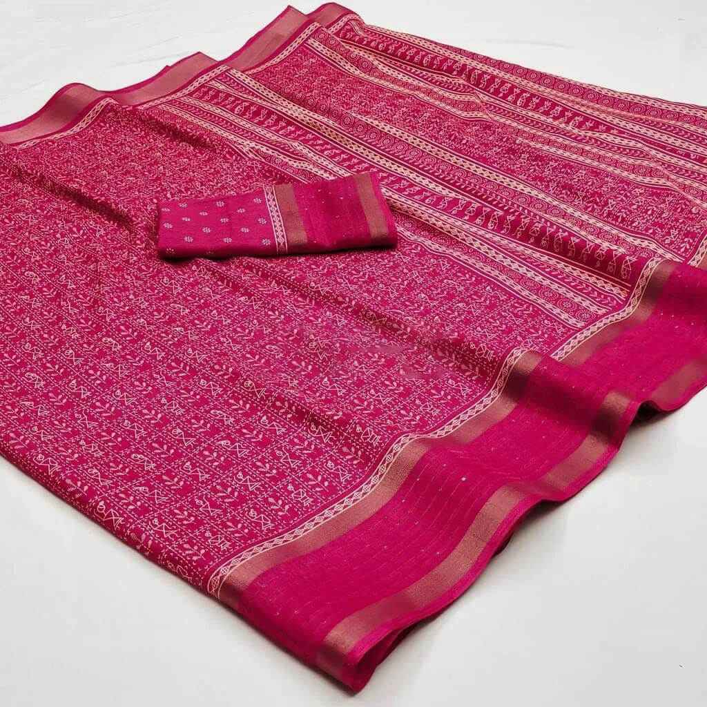 Ailurophile Dark Pink Digital Printed Dola Silk Saree With Exquisite Blouse Piece