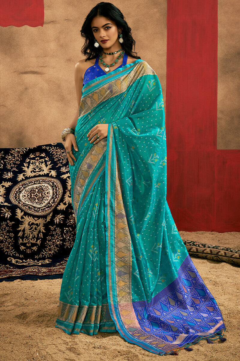 Artistic Turquoise Soft Banarasi Silk Saree With Beautiful  Blouse Piece - Surats Fabric