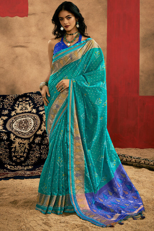 Artistic Turquoise Soft Banarasi Silk Saree With Beautiful  Blouse Piece - Surats Fabric