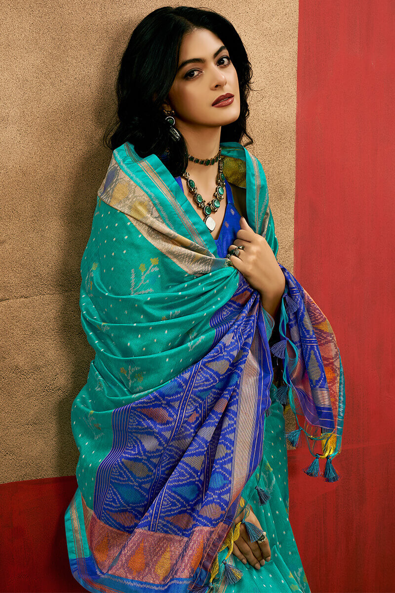 Artistic Turquoise Soft Banarasi Silk Saree With Beautiful  Blouse Piece - Surats Fabric