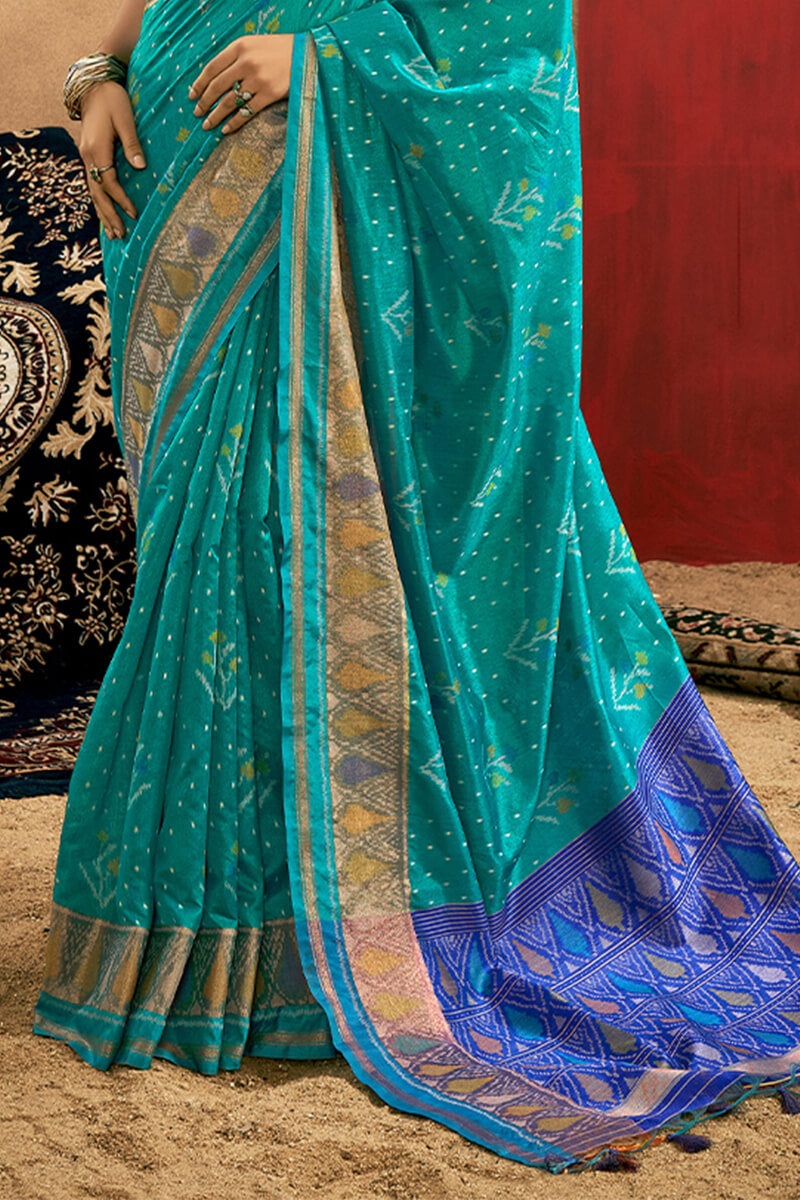 Artistic Turquoise Soft Banarasi Silk Saree With Beautiful  Blouse Piece - Surats Fabric