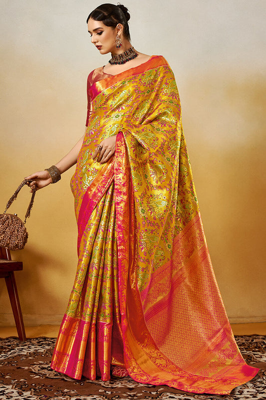 Arresting Yellow Kanjivaram Silk Saree With Flameboyant Blouse Piece - Surats Fabric