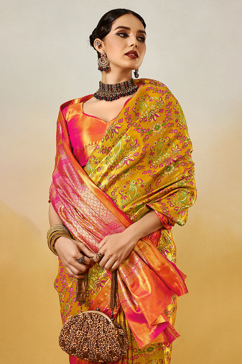 Arresting Yellow Kanjivaram Silk Saree With Flameboyant Blouse Piece - Surats Fabric