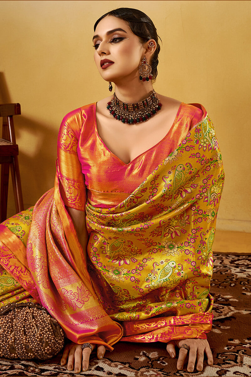 Arresting Yellow Kanjivaram Silk Saree With Flameboyant Blouse Piece - Surats Fabric