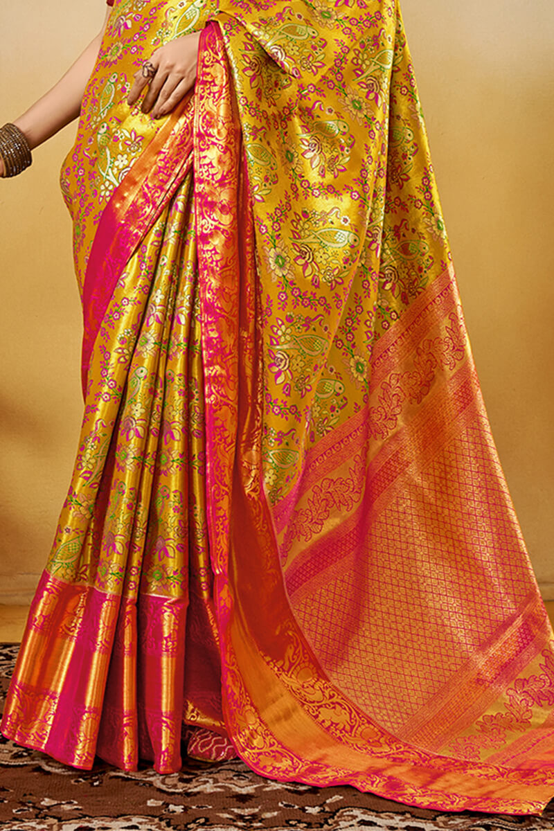Arresting Yellow Kanjivaram Silk Saree With Flameboyant Blouse Piece - Surats Fabric