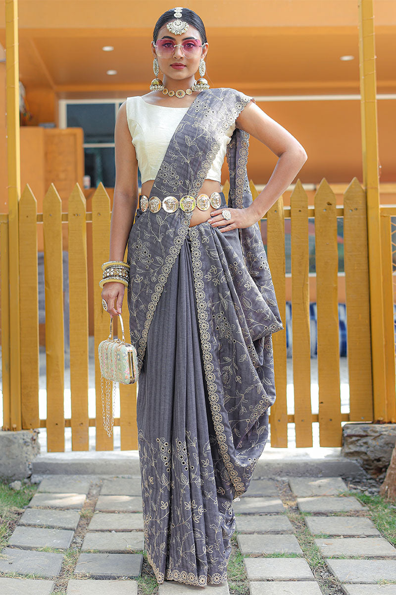 Attractive Grey Embroidery Work Soft Silk Saree With Dazzling Blouse Piece - Surats Fabric