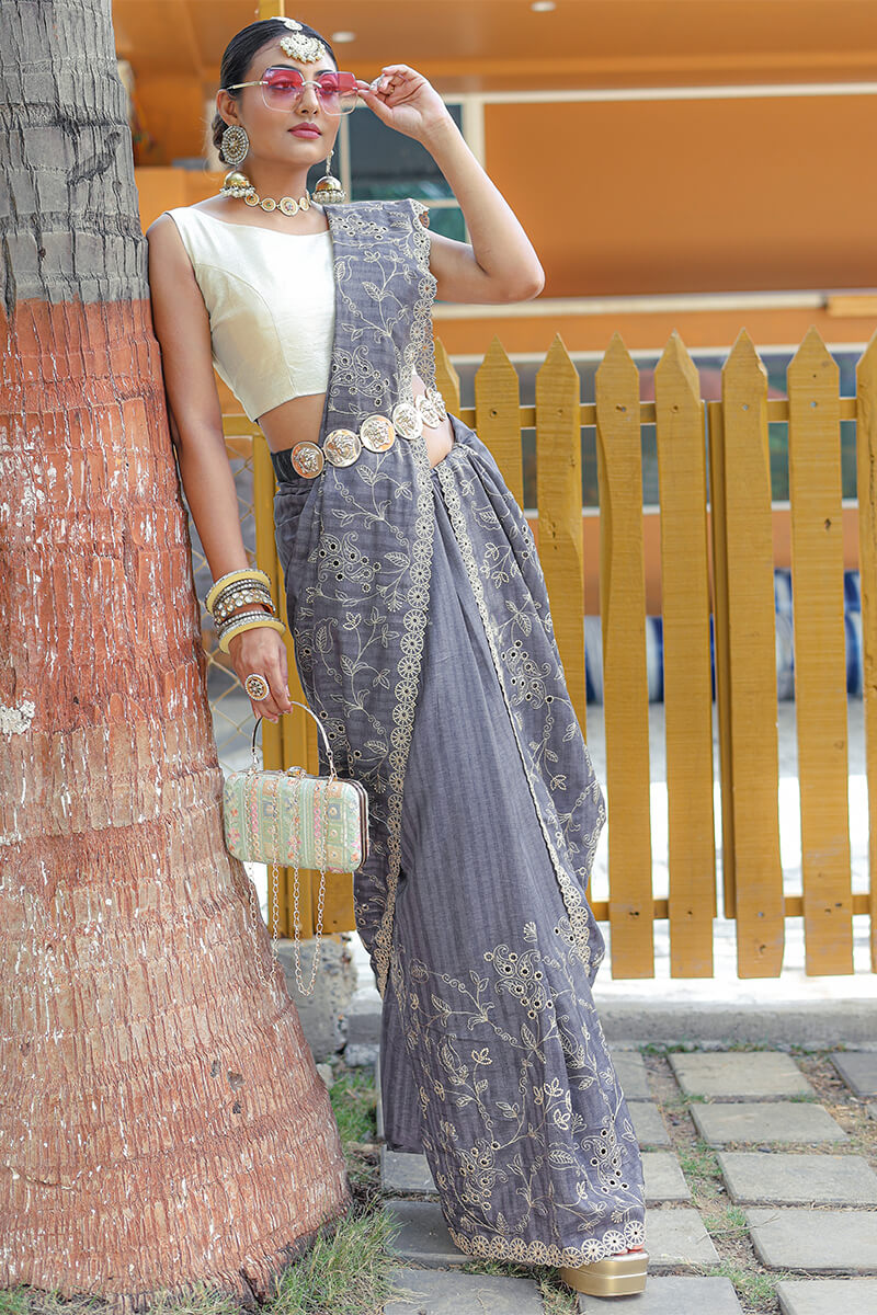 Attractive Grey Embroidery Work Soft Silk Saree With Dazzling Blouse Piece - Surats Fabric