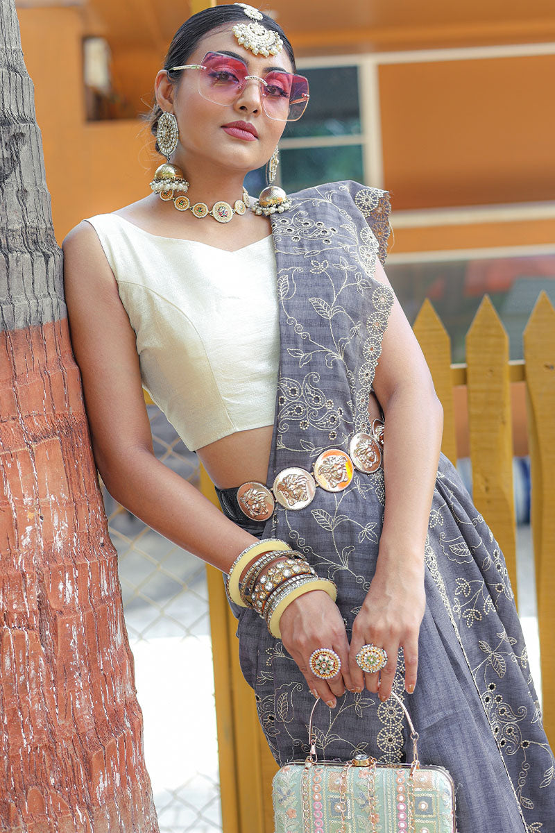 Attractive Grey Embroidery Work Soft Silk Saree With Dazzling Blouse Piece - Surats Fabric
