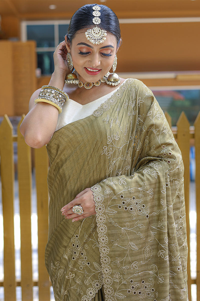 Blooming Mehandi Embroidery Work Soft Silk Saree With Captivating Blouse Piece - Surats Fabric