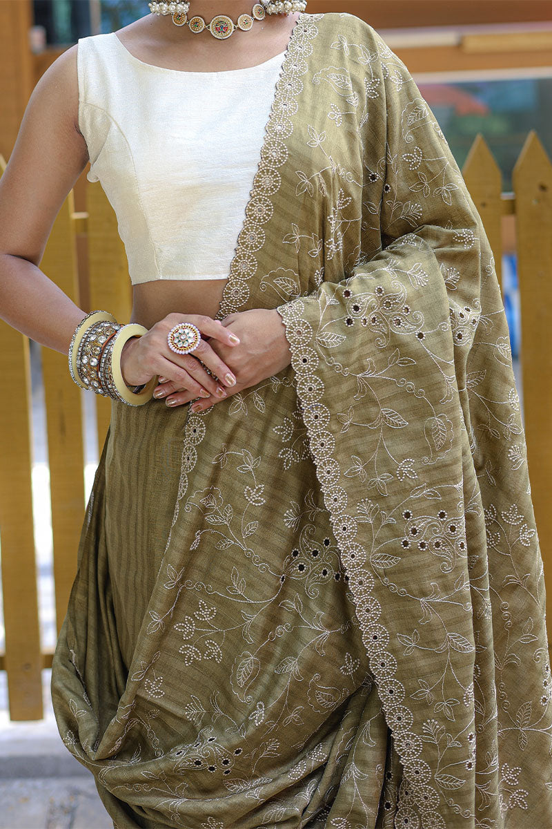 Blooming Mehandi Embroidery Work Soft Silk Saree With Captivating Blouse Piece - Surats Fabric