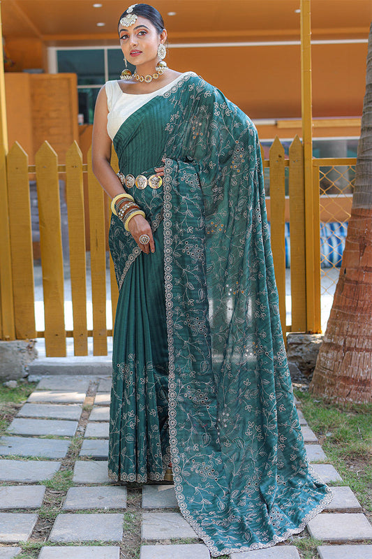 Beauteous Rama Embroidery Work Soft Silk Saree With Ideal Blouse Piece - Surats Fabric