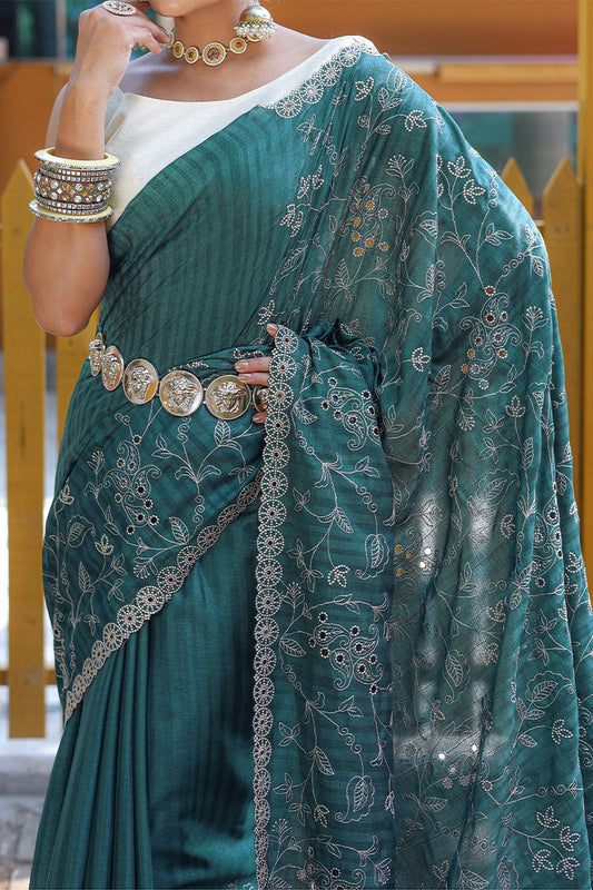 Beauteous Rama Embroidery Work Soft Silk Saree With Ideal Blouse Piece - Surats Fabric