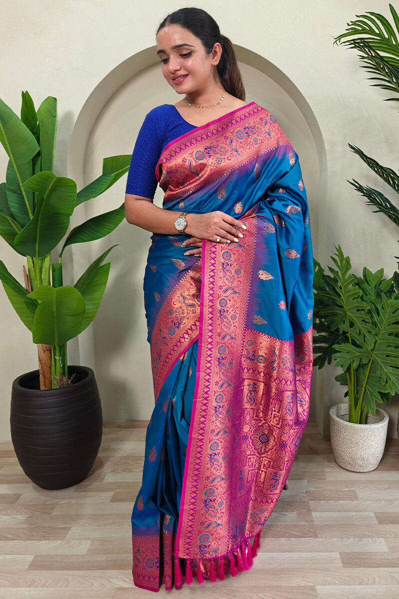 Capricious Blue Soft Banarasi Silk Saree With Deserving Blouse Piece - Surats Fabric