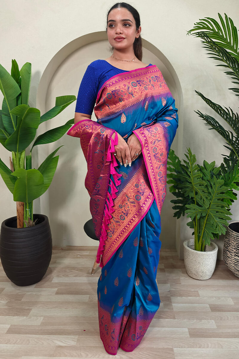 Capricious Blue Soft Banarasi Silk Saree With Deserving Blouse Piece - Surats Fabric