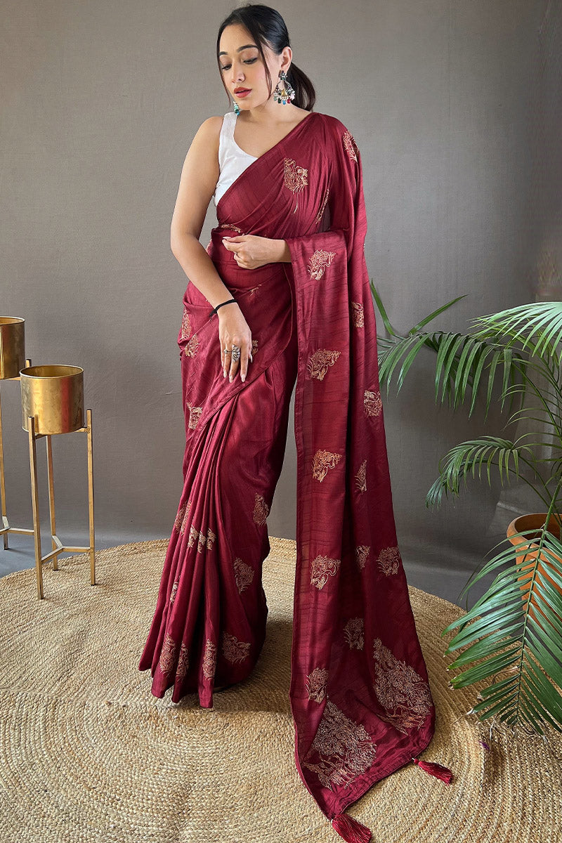 Beguiling Wine Embroidery Work Soft Silk Saree With Grandiose Blouse Piece - Surats Fabric