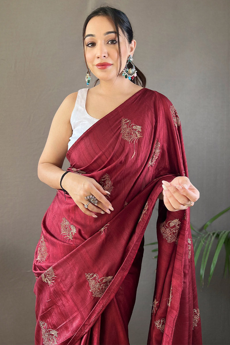 Beguiling Wine Embroidery Work Soft Silk Saree With Grandiose Blouse Piece - Surats Fabric