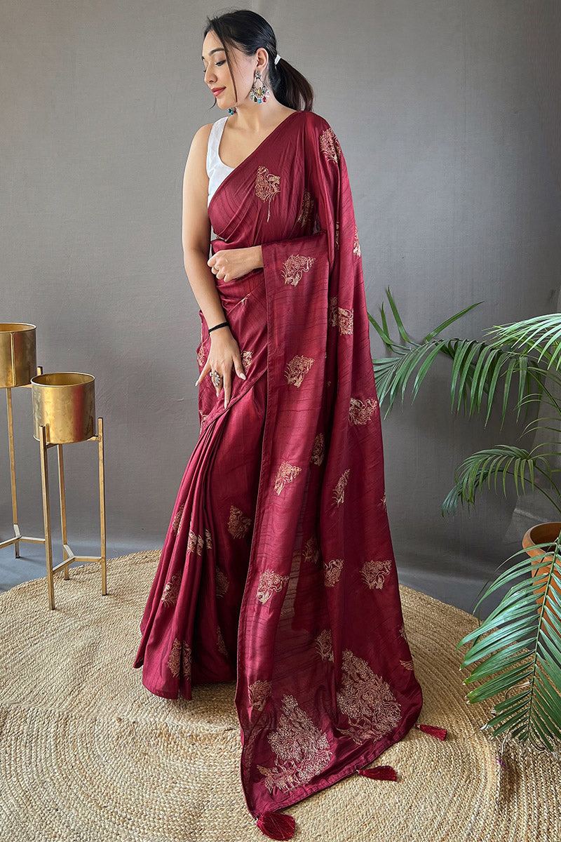 Beguiling Wine Embroidery Work Soft Silk Saree With Grandiose Blouse Piece - Surats Fabric